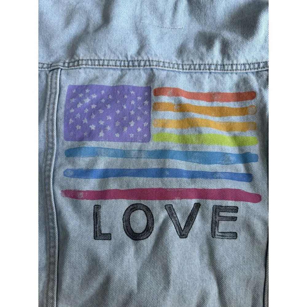 Old Navy Girls Teen Light‎ Wash Denim Jacket LOVE Pride Flag Size XL/14-16
